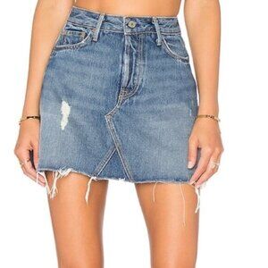 GRLFRND Revolve Eva Mini Denim Skirt A-Frame Gusset Distressed Medium Wash Blue